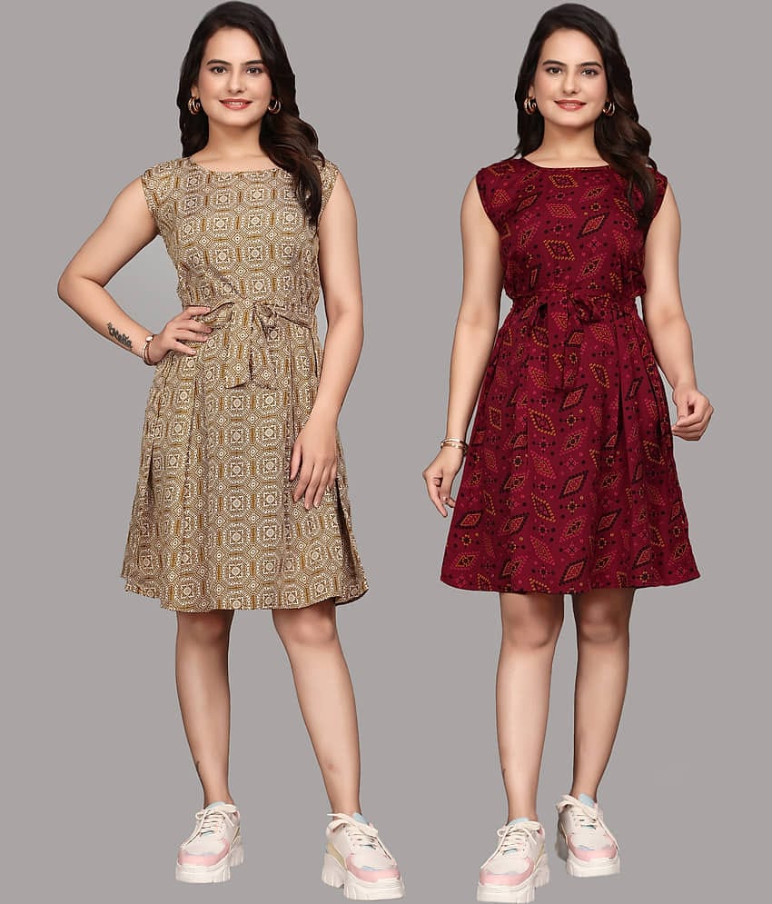 KALAVRITTA Women Crepe Printed Fit & Flare Dress ( Multicolor 2 )