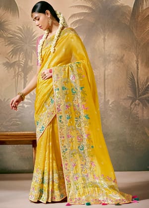 Sunflower Yellow Woven Soft Silk Saree With Brocade Blouse