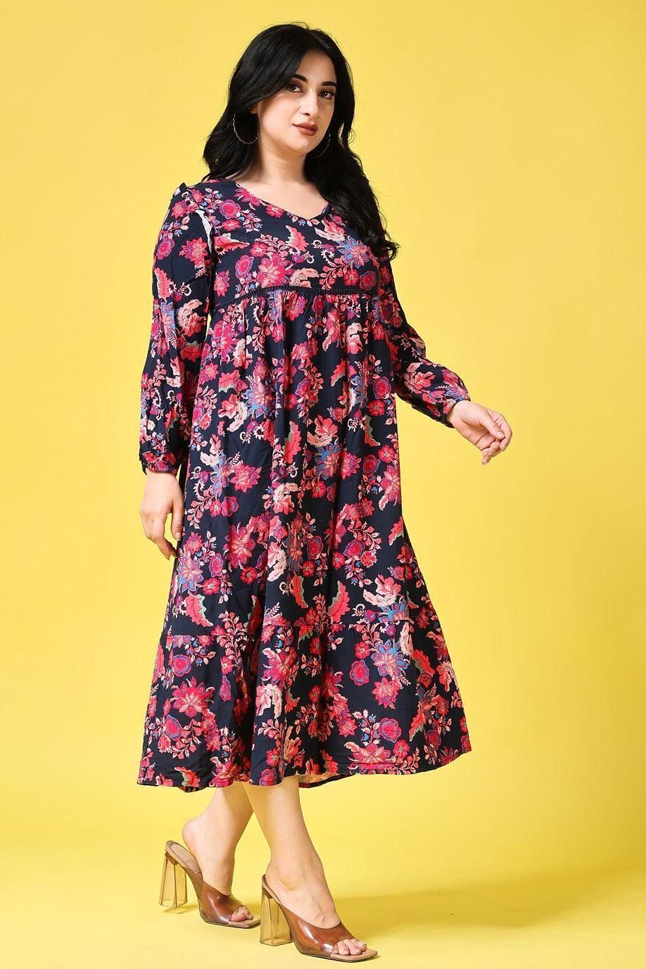Black & Red Floral Printed Dress-L / Black