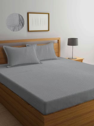 Grey Stripes 300 TC Cotton Blend Double Size Fitted Bedsheet with 2 Pillow Covers