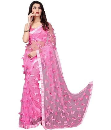 Apnisha Net Applique Saree With Unstitched Blouse Piece ( Black )