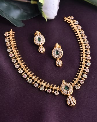 Kerala Model Necklace Set with Earrings - Green