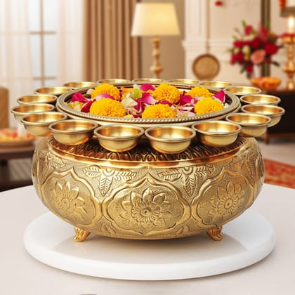 Brass Urli with Candle Stand � Decorative Flower Urli, Diameter : 12 Inch (FMAS713 D)