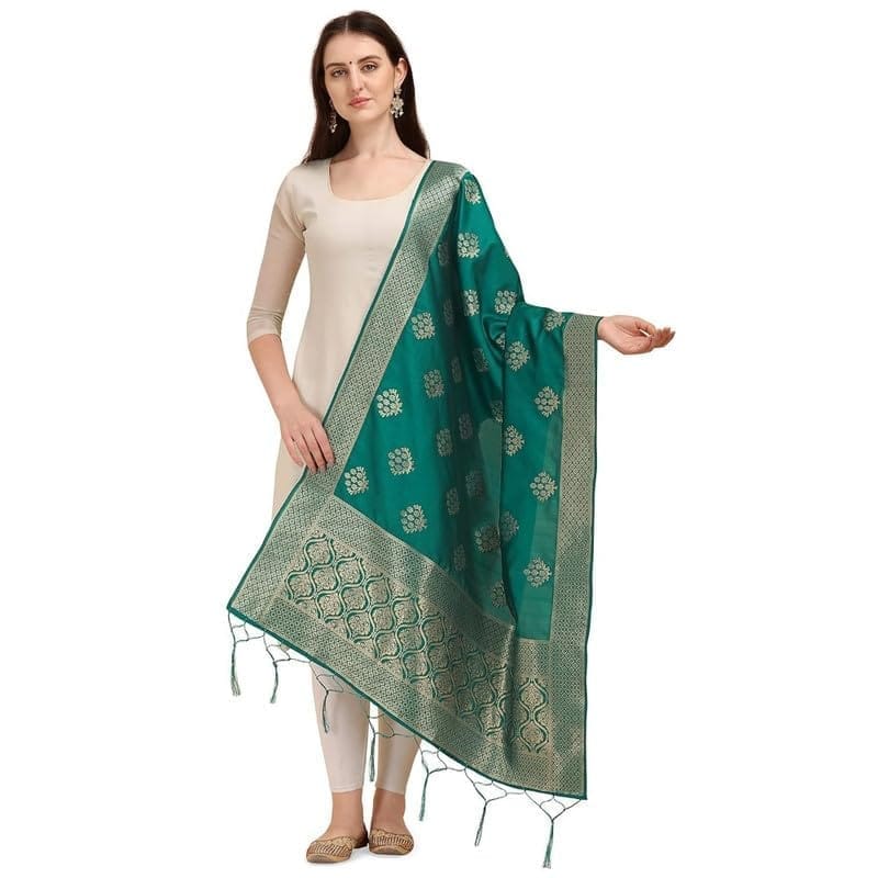 Women's Silk Pure Zari weaving Duppatta (Green, Leangth: 2-2.3 Mtrs)-PID44908
