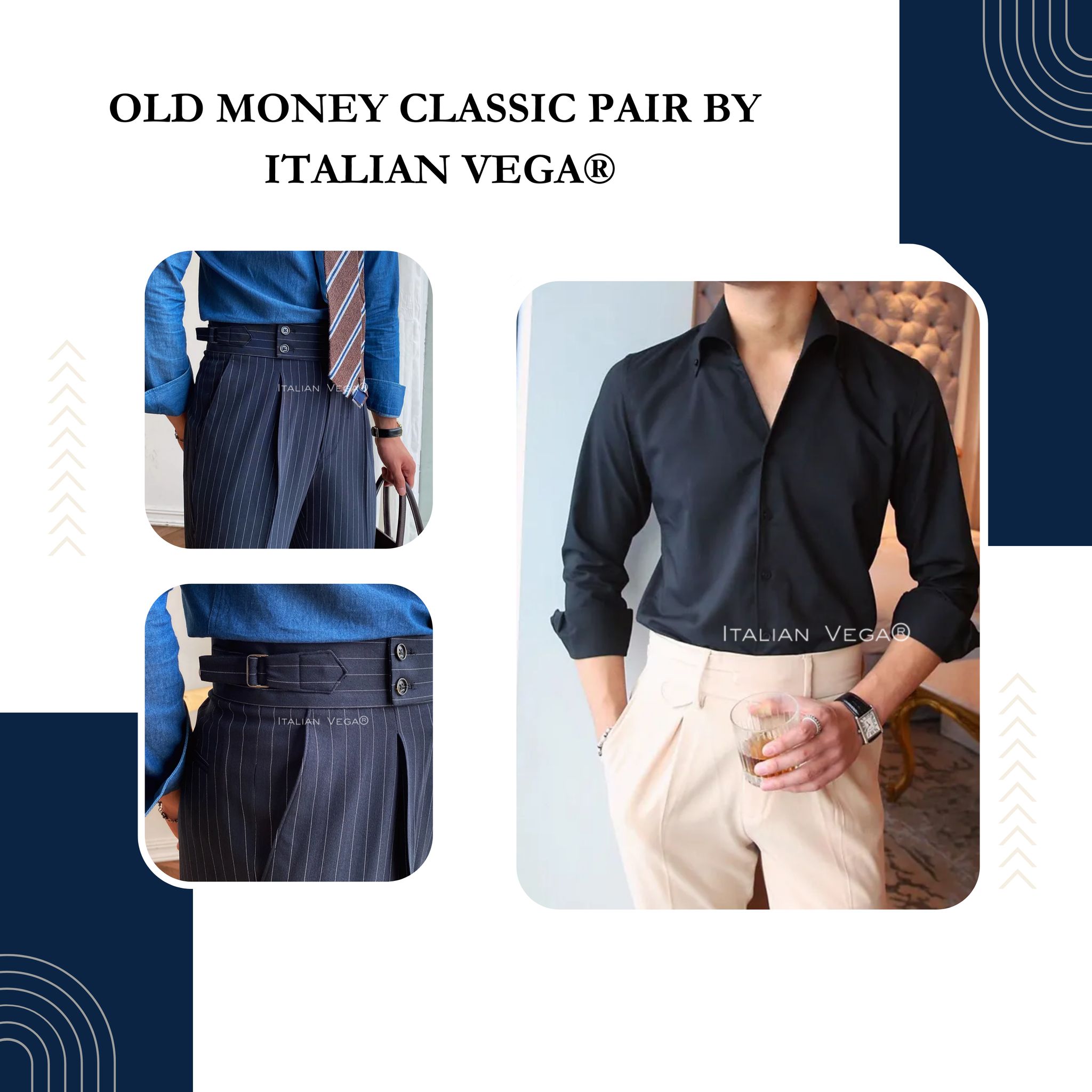 Old Money Black Shirt with Navy Stripe Signature Buttoned Gurkha Pant by ITALIAN VEGA®-M / 28