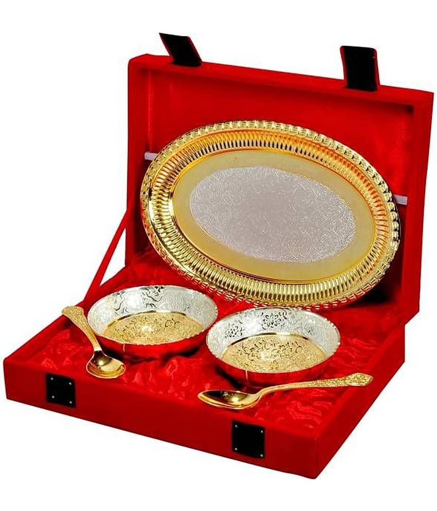 Urban hemlet Silver And Golden Color Plated Brass Bowl And Tray - Set Of 5