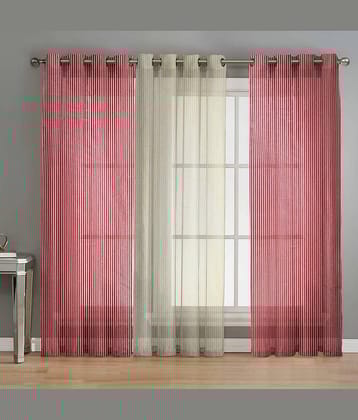 BELLA TRUE Vertical Striped Sheer Eyelet Curtain 7 ft ( Pack of 3 )  Maroon