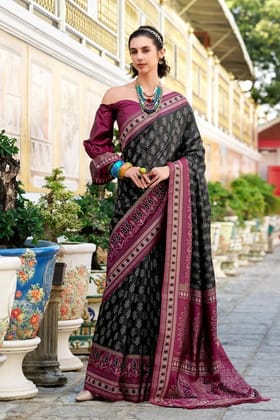 Raven Black Soft Woven Banarasi Ikkat Silk Saree