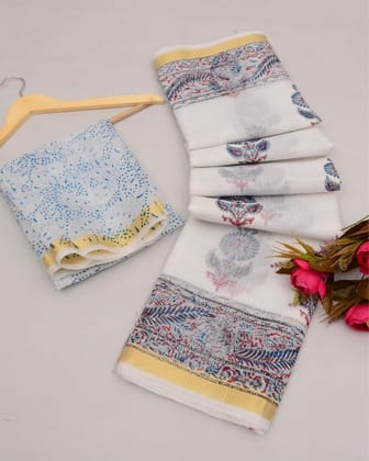 Craft Couture Kota Doria White & Blue Blockprinted Saree
