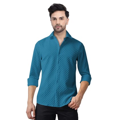 Man's Casual Checks Textured Popcorn Shirts- Sky Blue-S