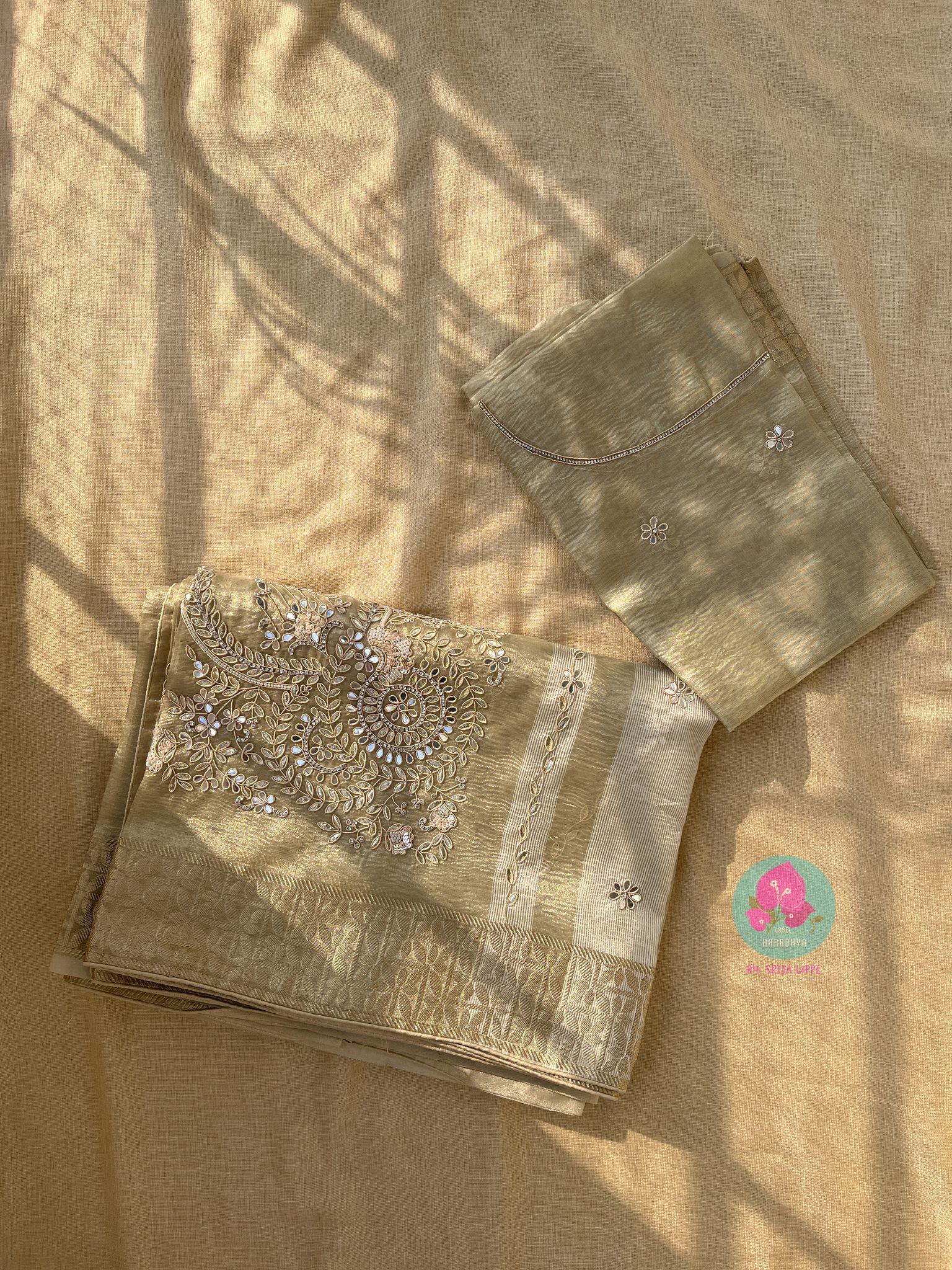 Antique Gold Tissue silk Hand Embroidered Saree-XS