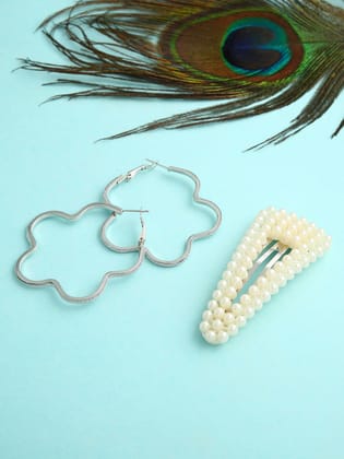 JustPeachy Set of 2 Silver-Toned Contemporary Hoop Earrings & Clip Combo