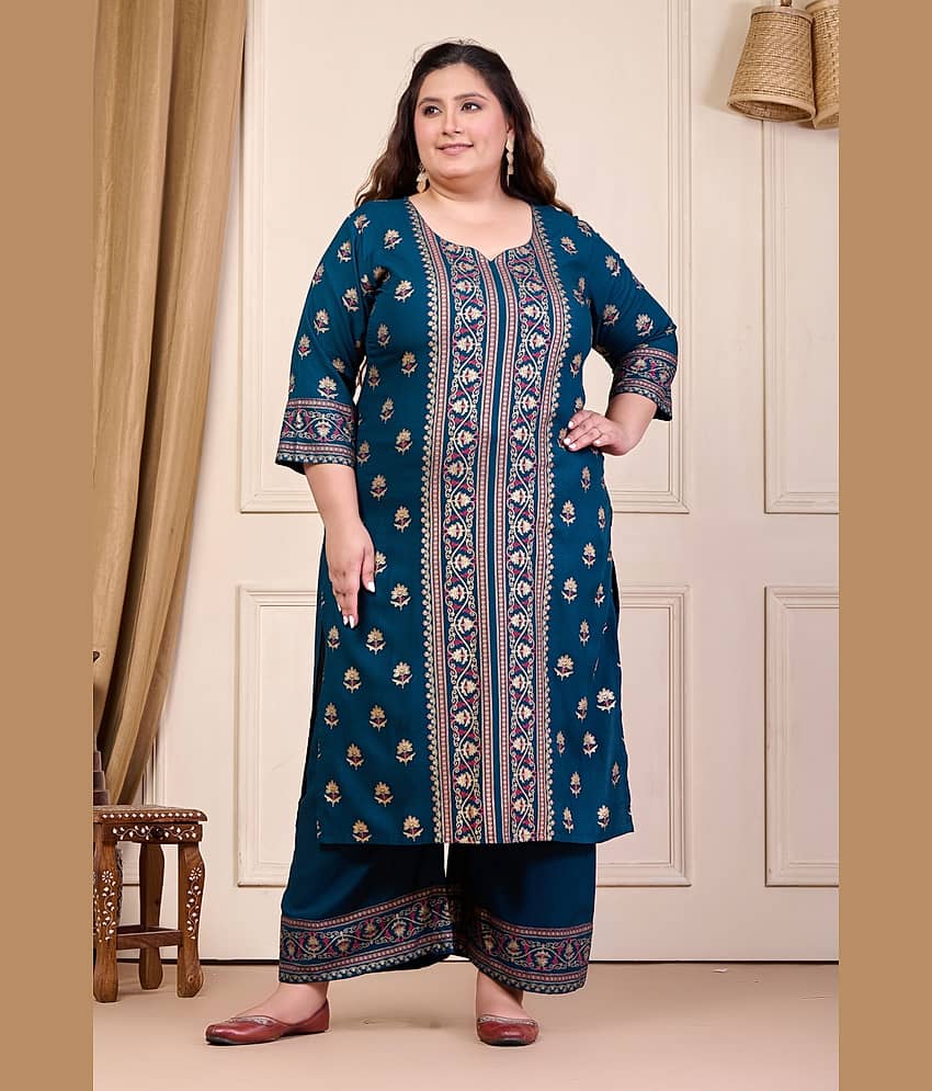 PrettyPlus by Desinoor.com Rayon Printed Kurti With Palazzo Women's Stitched Salwar Suit - Black ( Pack of 1 )