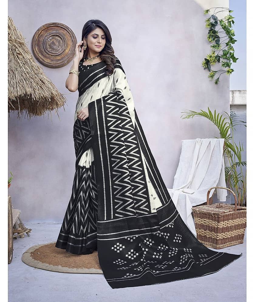 Yashika Art Silk Printed Saree With Unstitched Blouse Piece ( Black )
