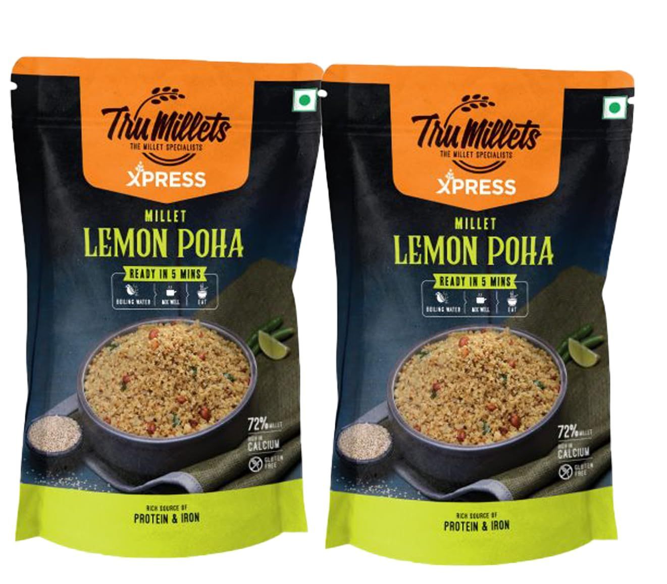 Trumillets Instant Kodo Millet Lemon Poha Powder Mix with Rice | Traditional Masalas Mix | Ready to Cook | Tasty Ready to Eat Lemon Poha | No Artificial Colors (Each 180 Gm Pack of 2)