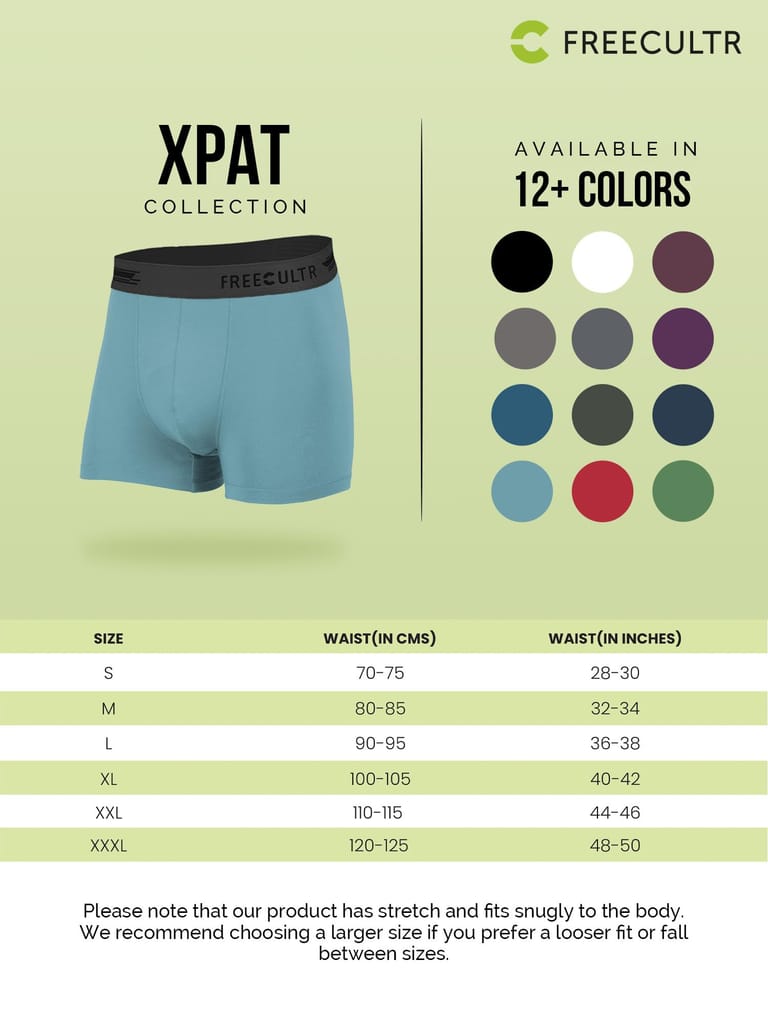 FREECULTR Men's Underwear Anti Bacterial Micromodal Airsoft Trunk - Non Itch No Chaffing Sweat Proof - Pack of 3 (Martini Blue, Ash Grey, Cloud White)