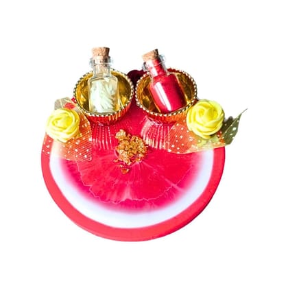ART2ARTIST Handmade Decorative Resin Pooja thali Set, for Wedding, Mandir| Handmade Arti Thali, Resin Thali, Home Decor, Diwali Thali 8 Inch (Red)