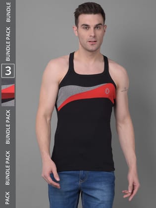 Men's Assorted Pack of 3 Solid Combed Cotton Racerback Styled Gym Vest Men's Assorted Pack of 3 Solid Combed Cotton Racerback Styled Gym Vest