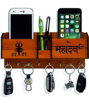 Big Boss Enterprises with Har Har Mahadev 2 Pocket Mobile Holder, Pen Stand Wood Key Holder Stand (8 Hooks, Brown)