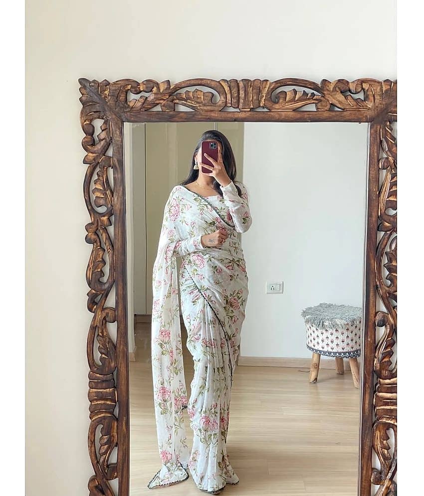 Sidhidata Georgette Printed Ready to Wear Saree With Unstitched Blouse Piece ( White )