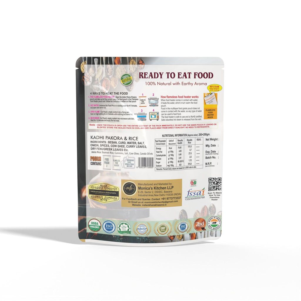 Kadhi Pakora Rice (200gm + 200gm) INDIAN KHANA KHAZANA | No Added Preservative and Colours | Serve Hot Anytime Anywhere with our Flameless Food Heater inside the Pack. Indian Tasty Flavour Ready to Eat Food Kadhi Pakora Rice |