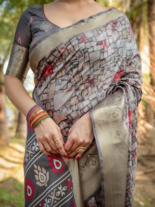 Stunning Grey Tussar Silk Saree with Golden Zari Border and Mosaic-Inspired Pallu Design-Regular