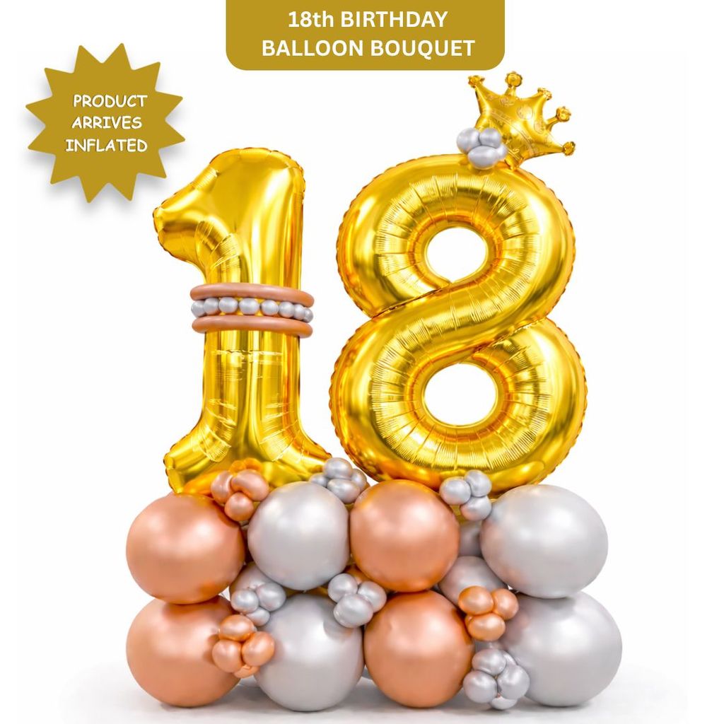 Signature Number 18 Large Golden Balloon Bouquet Arrangement with Small Crown & Silver, Rosegold Latex Balloons - Party and Festive Needs | Buy online on ZillyBuy