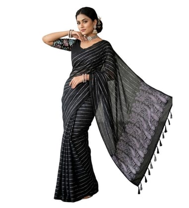 Generic Women's Georgette Striped Saree with Unstitched Blouse Piece, Soft Lightweight 5.5 m Sari for Daily, Office and Casual Wear (Black, Design 67594)