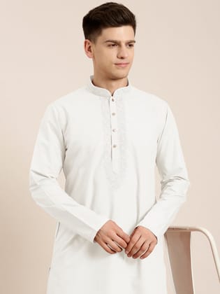Off White Cotton Dori Embroidered Kurta Set-S/38 / Only Kurta - No Lowers