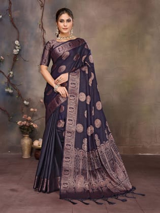 Navy Blue Fendi Satin Silk Banarasi Jacquard Butta Work Saree With Woven Designed Border