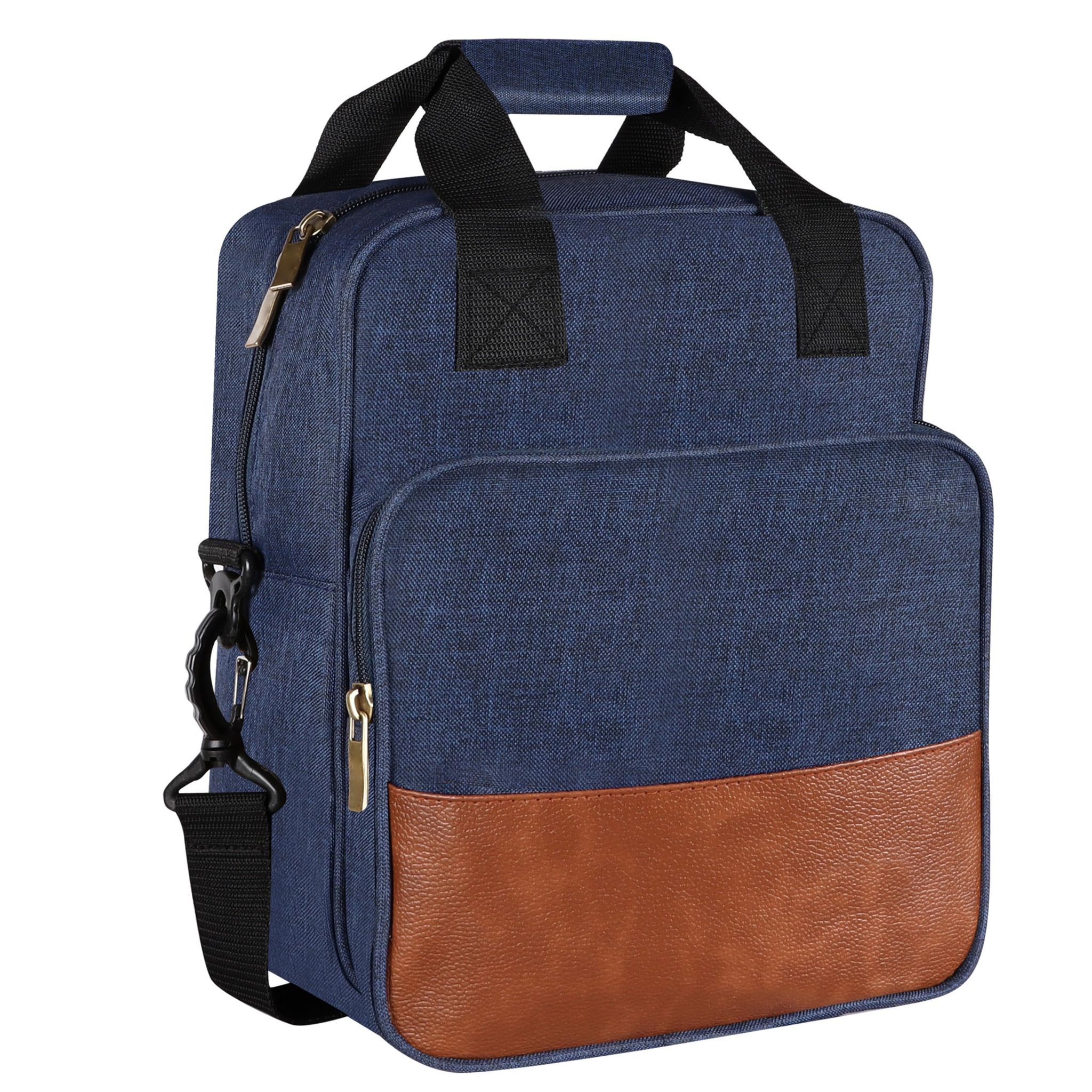 Insulated Lunch Bag | Large Space Fits 2 Lunch Boxes & 1Ltr Water Bottle, Front Cutlery Compartment (Blue & Tan Color) TB13