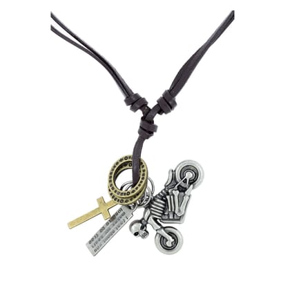 Skull Scooter Cross Vintage Dog Tag Oxidised Leather Pendant Chain
