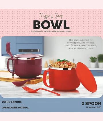Plastic Inner Steel Insulated Multipurpose Bowl Maggi,Soup, Pasta  Bowl with Lid & Spoon Set of 2 Bowl (Multicolor)