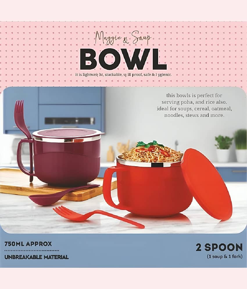 Plastic Inner Steel Insulated Multipurpose Bowl Maggi,Soup, Pasta  Bowl with Lid & Spoon Set of 2 Bowl (Multicolor)