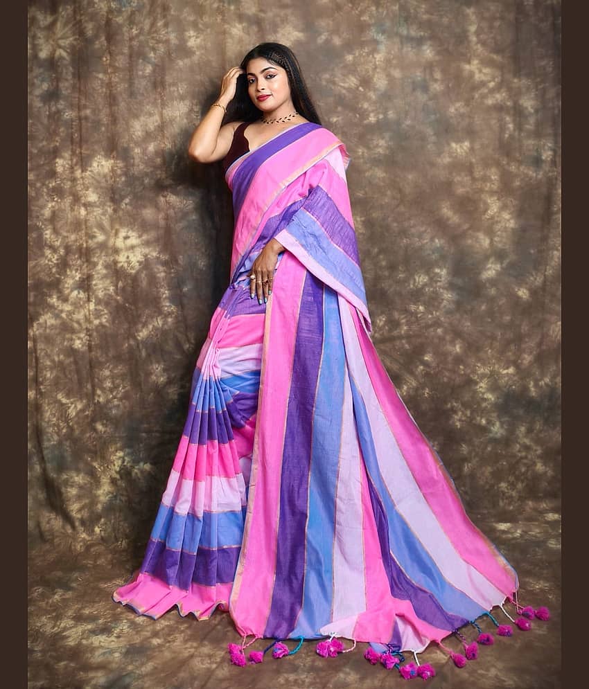 SARADA HANDLOOM Cotton Woven Tant Saree With Unstitched Blouse Piece ( Multicolor 7 )