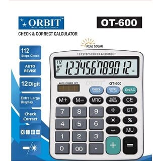 Orbit Check  Correct Calculator OT-600, 12 Digit, Auto Revise Extra Large Display