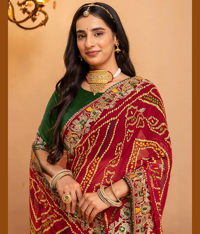 Samah Georgette Embroidered Bandhani Sarees With Unstitched Blouse Piece ( Red )
