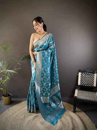 Turquoise Soft Silk Meenakari Zari Weaving Banarasi Saree