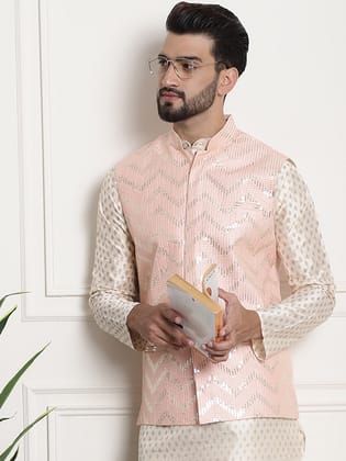 Men's Silk Blend, Gold Sequence Embroidered Peach-36