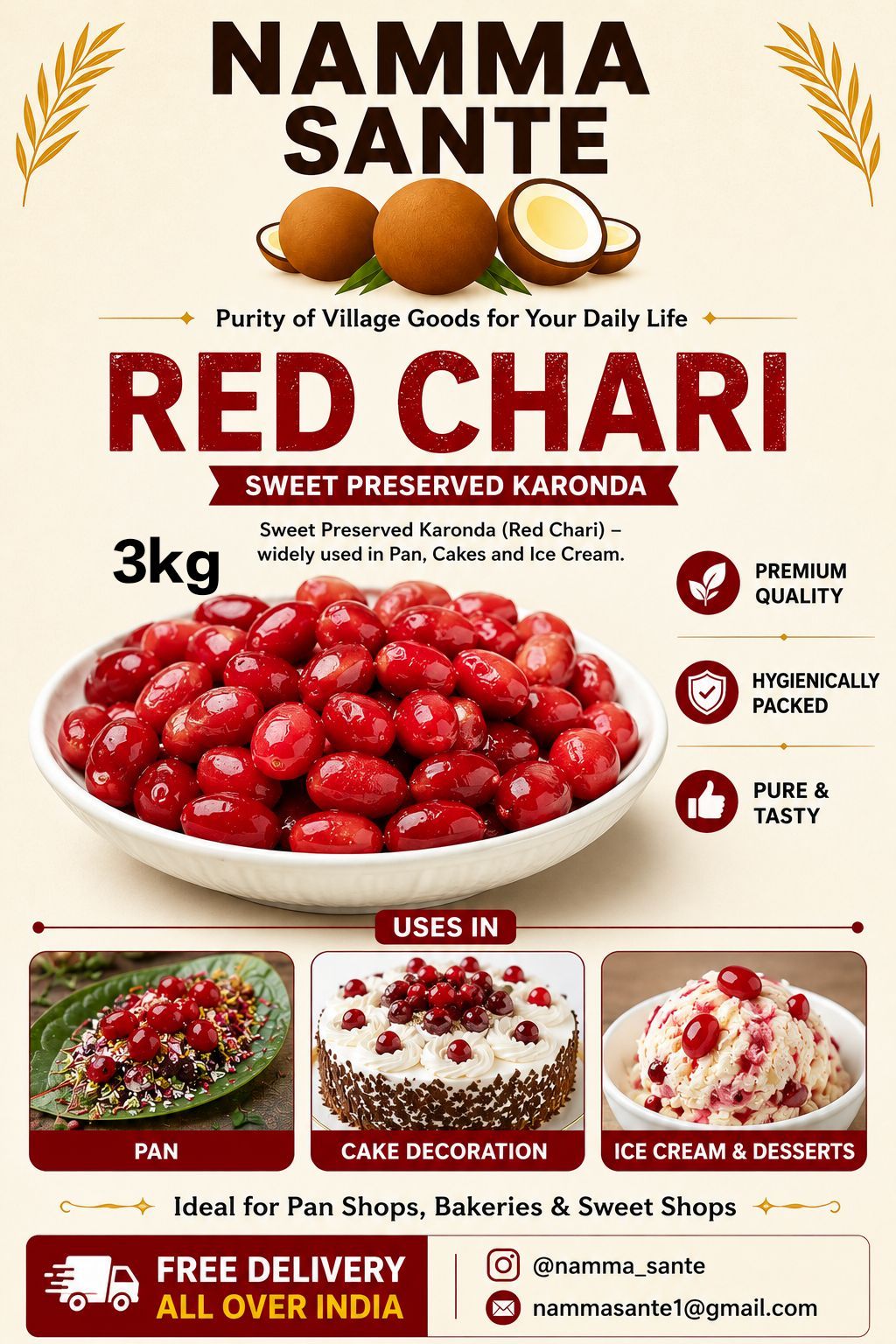 Red Chari, Preserved Karonda, Sweet Karonda, Cherry Chari, Candied Karonda 3kg