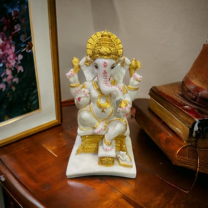 Gajanan Ganpati Bappa Murti White Marble Look Idol Gift for Grah Pravesh H-30 cm-Composite Marble