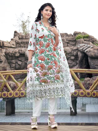 White Floral Rayon A-Line Kurta Set-S