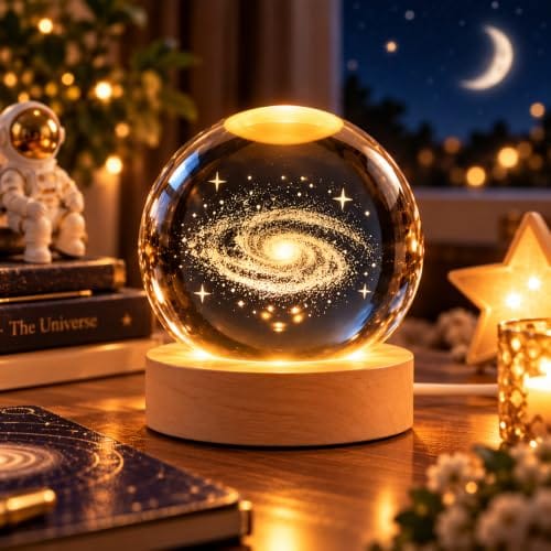 One94Store 3D Galaxy Crystal Ball Night Lamp - Engraved USB Table LED Wooden Light for Home Office Decoration and