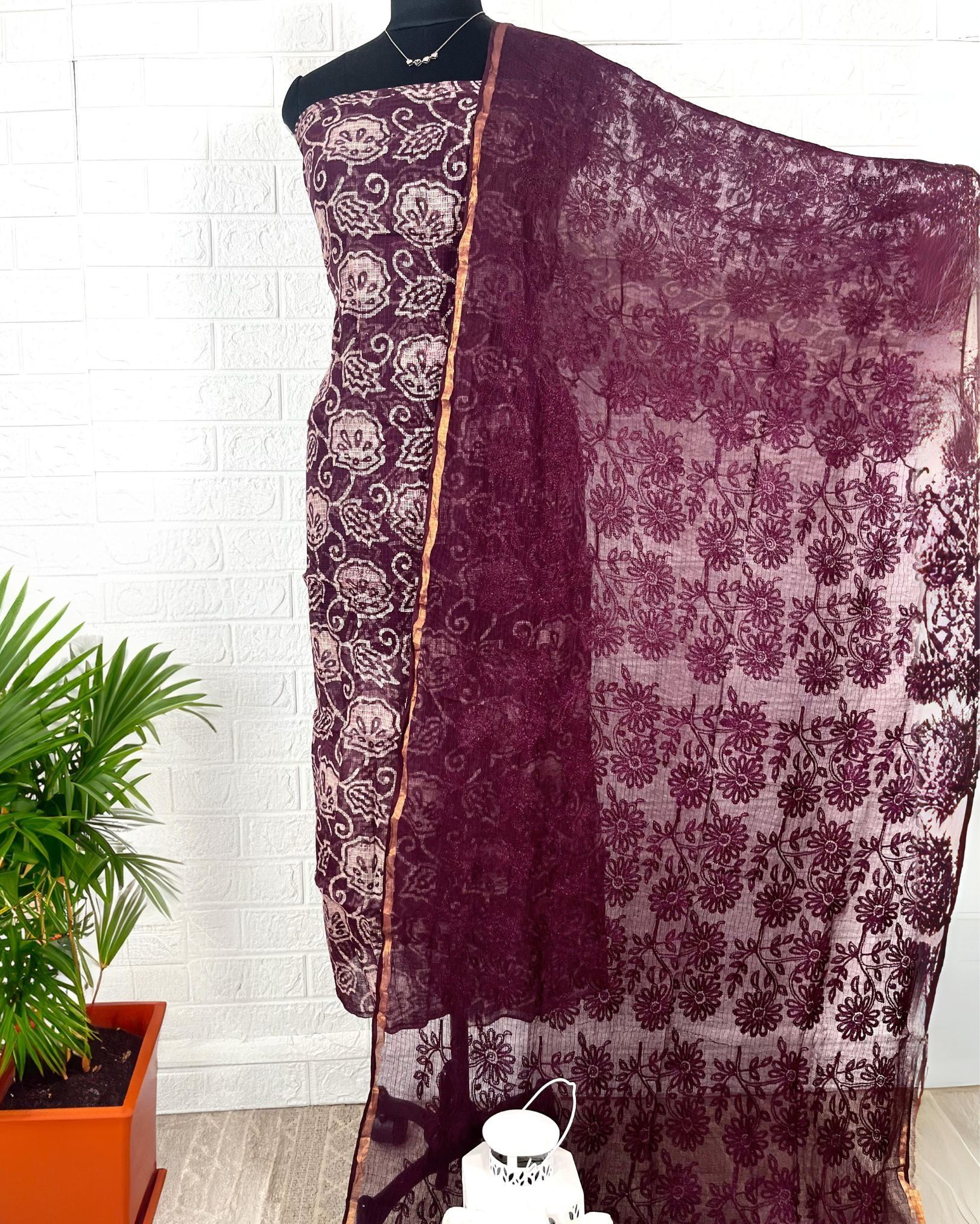 Heavy Embroidered Kota Doria Suit Purple (Top+Bottom+Dupatta)