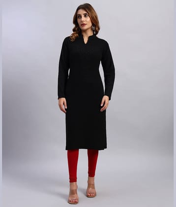 HEMLOCK Women Woollen Self Design Straight Kurti ( Black )