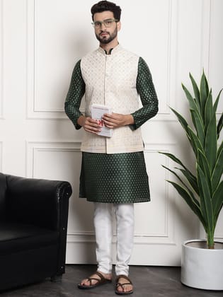 Men's Silk Blend Dark Green Kurta and Off-White Pyjama With Cream Nehru Jacket-36