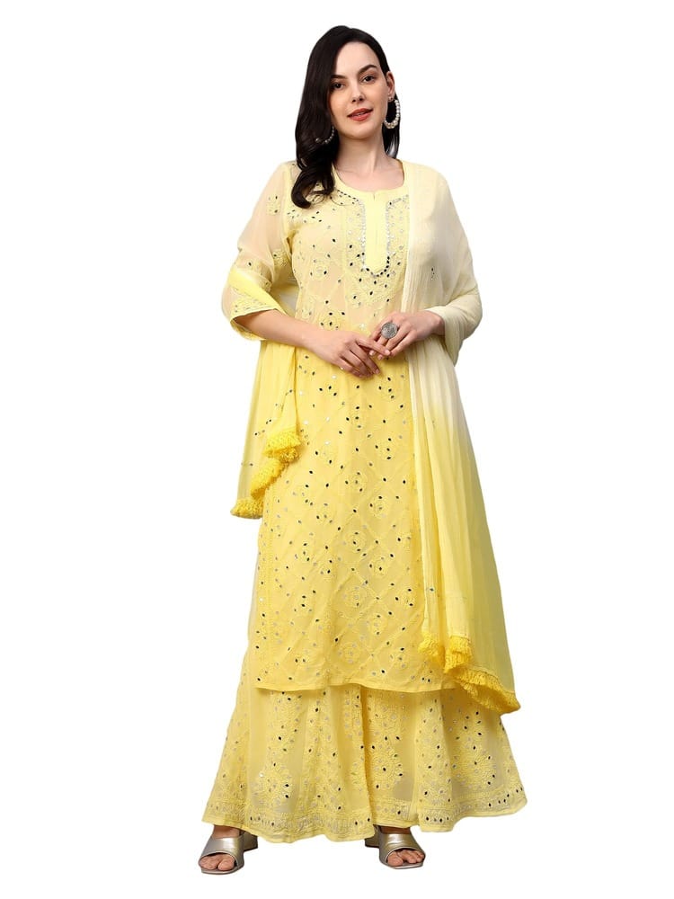 MRS RIGHT CHIKANKARI MIRROR EMBROIDERED YELLOW 3PC SUIT FOR WOMEN AND GIRLS