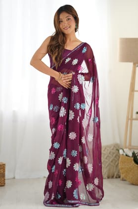 Wine Sequin Work Georgette Saree