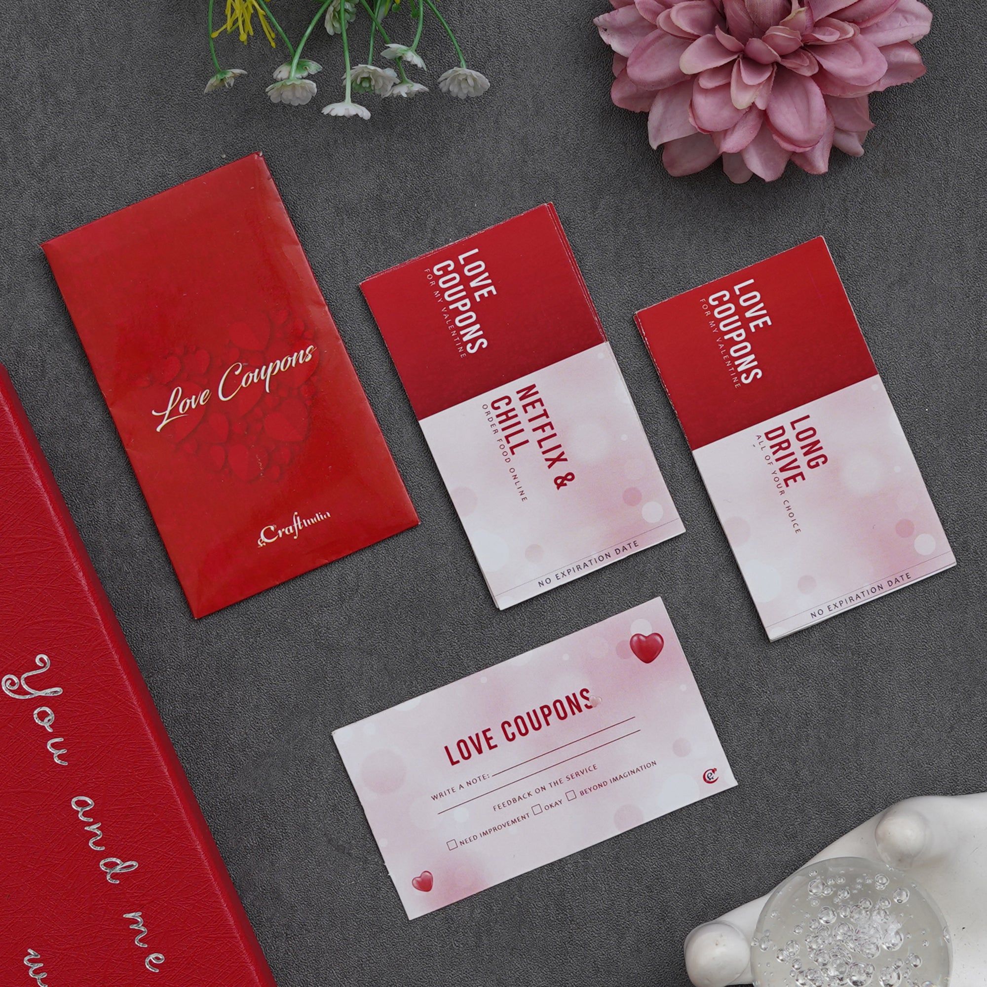 Valentine Combo of Pack of 12 Love Coupons Gift Cards Set, Golden Red Rose Gift Set