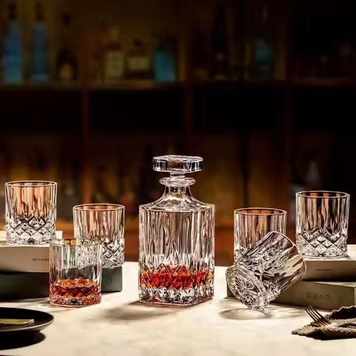 Premium Crystal Clear bar Set 1 Decanter Bottle(800ml) with 6 Whiskey Glasses(300ml) Perfect for Scotch, Bourbon, Wine, Vodka, Cocktail, Tequila, Rum